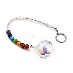 Chakra Round Ball Crystal Suncatcher Dowsing Pendulum Pendants, with 304 Stainless Steel Split Key Rings, Glass and Gemstone Beads, Velvet Bag, Stainless Steel Color, Colorful, 25.5cm(PALLOY-JF00460-02)