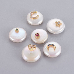 Natural Cultured Freshwater Pearl Beads, with Brass Cubic Zirconia Findings, Flat Round, Golden, 13.5~15x6~7mm, Hole: 0.8mm(PEAR-E012-B)