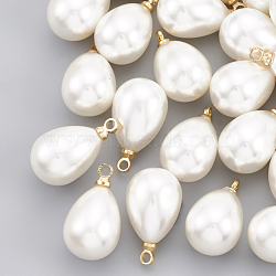 ABS Plastic Imitation Pearl Pendants, with Brass Findings, teardrop, Real 18K Gold Plated, 13x8x8mm, Hole: 1.6mm(KK-T035-63)