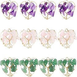 SUPERFINDINGS 12Pcs 3 Styles Natural Gemstone Pendants, Natural Rose Quartz & Amethyst & Green Aventurine, with Real 18K Gold Plated Brass Findings and Copper Wire Wrapped, Heart with Tree, 25.5x27x8mm, Hole: 2.6mm, about 4pcs/style(FIND-FH0004-67)