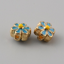 Light Gold Tone Alloy Enamel Beads, Flower, Deep Sky Blue, 7x6.5x5mm, Hole: 1mm(ENAM-WH0057-43F)