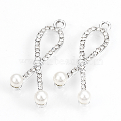Alloy Rhinestone Pendants, with ABS Plastic Imitation Pearl Beads, Awareness Ribbon, Platinum, 39x16x6mm, Hole: 2mm(PALLOY-T027-05P)
