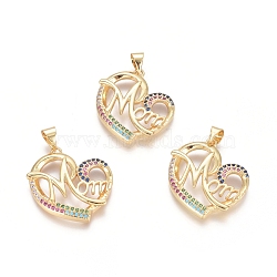 Brass Micro Pave Cubic Zirconia Pendants, Heart with Word MOM, For Mother's Day, Colorful, Golden, 23.5x22.5x3.5mm, Hole: 3.5x4.5mm(ZIRC-G152-33G)