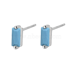 Cubic Zirconia Rectangle Stud Earrings, Silver 925 Sterling Silver Post Earrings, with 925 Stamp, Sky Blue, 7.8x3mm(FU7889-5)