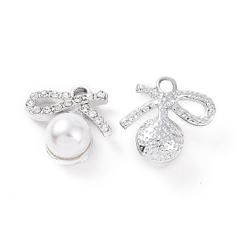 Alloy Crystal Rhinestone Pendants, with ABS Plastic Imitation Pearl, Bowknot Charms, Platinum, 18x18x9.5mm, Hole: 2.5mm