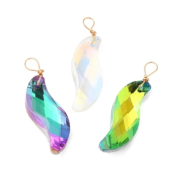 Glass Pendants, with Light Gold Brass Loops, Faceted, Twist Charms, Mixed Color, 34x9.5x7mm, Hole: 4.5~4.8x3.8~4.2mm