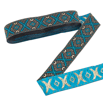 Ethnic Style Embroidery Polycotton Ribbons, Jacquard Ribbon, Tyrolean Ribbon, Garment Accessories, Rhombus Pattern, Deep Sky Blue, 1-1/4 inch(33mm), about 7.66 Yards(7m)/Bundle