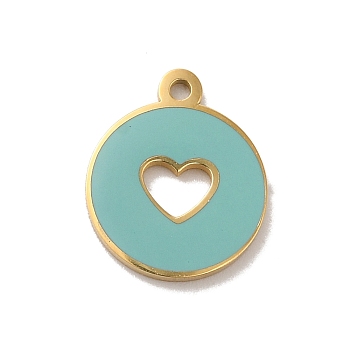 304 Stainless Steel Enamel Charms, Flat Round with Hollow Heart Charm, Real 14K Gold Plated, Aqua, 12x10x1mm, Hole: 1mm