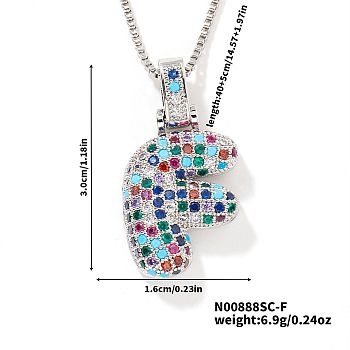 Brass Pave Colorful Cubic Zirconia Letter Pendant Box Chain Necklaces, Platinum, Letter F, 15.75 inch(40cm)