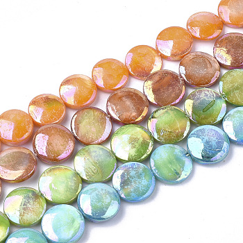 Freshwater Shell Beads Strands, AB Color Plated, Dyed, Flat Round, Mixed Color, 10~11.5x3~4mm, Hole: 1mm, 34pcs/strand, 15.15 inch