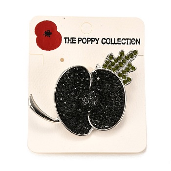 Alloy Brooches, with Colorful Rhinestone, Poppy Flower, Platinum, 62.5x42x9mm