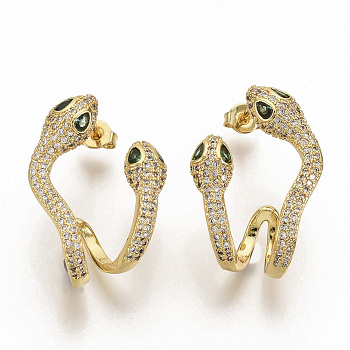 Brass Micro Pave Clear Cubic Zirconia Stud Earrings, with Earring Backs, Snake, Real 16K Gold Plated, 26.5x18.5mm, Pin: 0.7mm