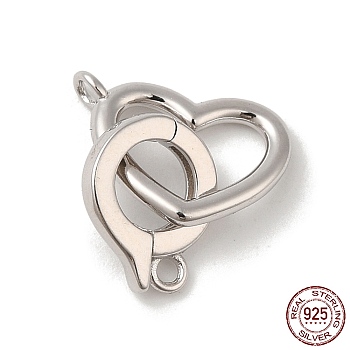 Rhodium Plated 925 Sterling Silver Fold Over Clasps, Heart, with 925 Stamp, Real Platinum Plated, Heart: 9.5x12x1.5mm, Hole: 1.4mm, clasp: 10.5x8.5x2mm, Hole: 1.2mm