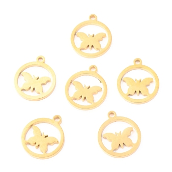 304 Stainless Steel Charms, Laser Cut, Ring with Butterfly, Golden, 14x12x1.1mm, Hole: 1.4mm