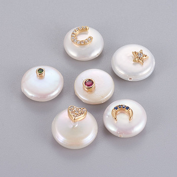 Natural Cultured Freshwater Pearl Beads, with Brass Cubic Zirconia Findings, Flat Round, Golden, 13.5~15x6~7mm, Hole: 0.8mm