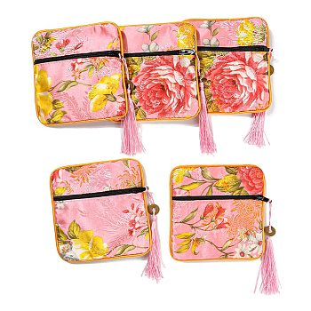 Chinese Style Floral Cloth Jewelry Storage Zipper Pouches, Square Jewelry Gift Case with Tassel, for Bracelets, Earrings, Rings, Random Pattern, Pink, 115x115x7mm
