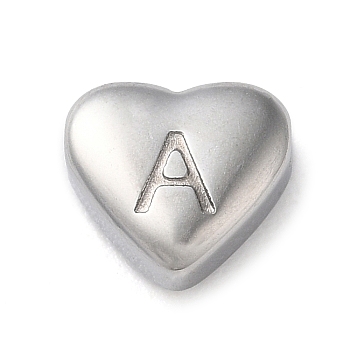 201 Stainless Steel Beads, Stainless Steel Color, Heart, Letter A, 7x8x3.5mm, Hole: 1.5mm