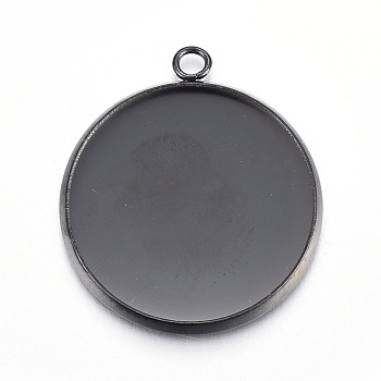 Stainless Steel Pendant Cabochon Settings, Flat Round, Electrophoresis Black, Tray: 18mm, 22x20x2mm, Hole: 1.8mm