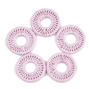Waxed Polyester Cord Woven Pendants, with Iron Findings, Flat Round, Pink, 31~32x3mm