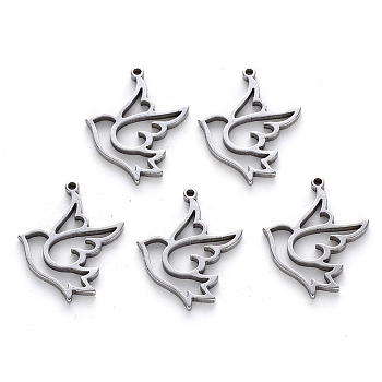 304 Stainless Steel Pendants, Laser Cut, Dove, Stainless Steel Color, 17x12x1mm, Hole: 0.9mm