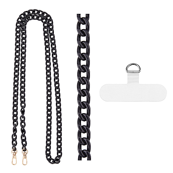 Acrylic Link Cell Phone Chain Crossbody Neck Chain, with TPU Mobile Phone Lanyard Patch and Alloy Swivel Clasps, Black, 1295mm