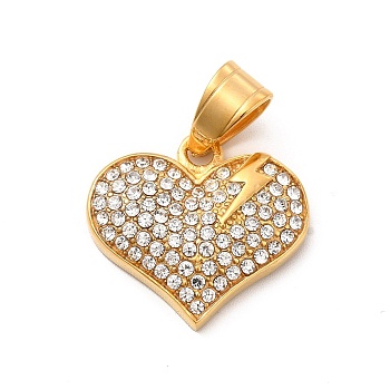 304 Stainless Steel Pendants, with Crystal Rhinestone, Heart with Lightning Charms, Golden, 20x21.5x4mm, Hole: 7.5x5mm