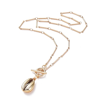 Pendant Necklaces, with Brass Bar Link Chains, Copper Wire, Electroplated Cowrie Shell Beads and 304 Stainless Steel Toggle Clasps, Golden, 17.13 inch(43.5cm)