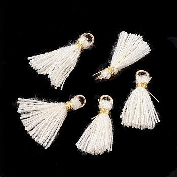 Polycotton(Polyester Cotton) Tassel Pendant Decorations, Mini Tassel, with Iron Findings and Metallic Cord, Light Gold, Cornsilk, 10~15x2~3mm, Hole: 1.5mm