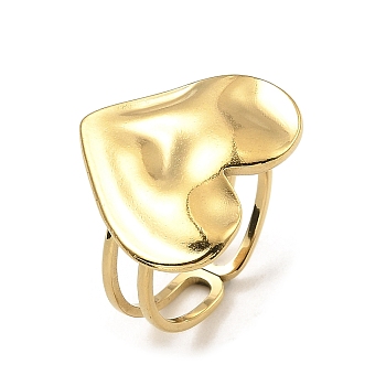 304 Stainless Steel Open Cuff Rings, Hammered Heart, Real 18K Gold Plated, US Size 6 1/2(16.9mm)