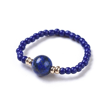 Dyed Natural Lapis Lazuli Stretch Rings, with Glass Seed Beads, Size 8, 18mm