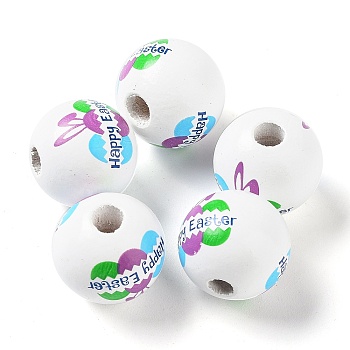 Easter Theme Printed Wood European Beads, Large Hole Beads, Round, Purple, 16mm, Hole: 4.5mm