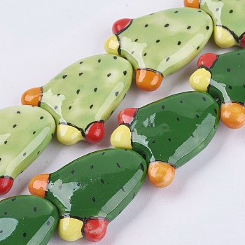 Handmade Porcelain Beads, Cactus, Mixed Color, 29.5~30x24~25x8.5~10mm, Hole: 2mm