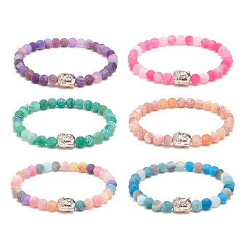 6Pcs 6 Color Natural Weathered Agate(Dyed) Round & Alloy Buddha Head Beaded Stretch Bracelets Set, Gemstone Stackable Bracelets for Women, Mixed Color, Inner Diameter: 2~2-1/8 inch(5.1~5.4cm), 1Pc/color