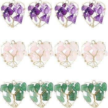 12Pcs 3 Styles Natural Gemstone Pendants, Natural Rose Quartz & Amethyst & Green Aventurine, with Real 18K Gold Plated Brass Findings and Copper Wire Wrapped, Heart with Tree, 25.5x27x8mm, Hole: 2.6mm, about 4pcs/style