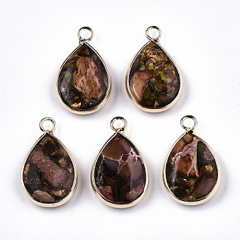 Teardrop Assembled Synthetic Bronzite and Regalite/Imperial Jasper Pendants, with Iron Loop and Brass Edge, Light Gold, Dyed, Camel, 22~23x14x5~6mm, Hole: 2mm