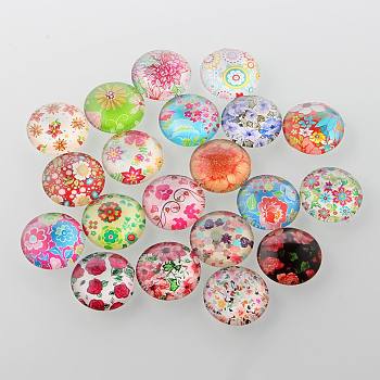 Half Round/Dome Floral Printed Glass Cabochons, Mixed Color, 12x4~5mm