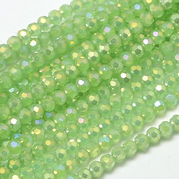 Faceted Round Full Rainbow Plated Imitation Jade Electroplate Glass Beads Strands, Light Green, 4mm, Hole: 1mm, about 100pcs/strand, 14.9 inch