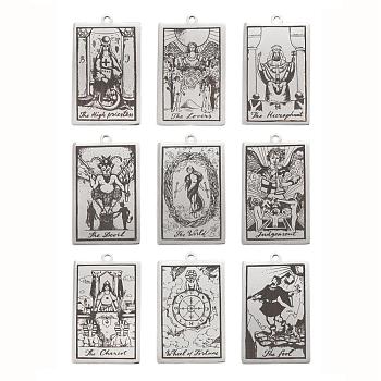 9Pcs 9 Style 201 Stainless Steel Pendants, Laser Engraved Pattern, Tarot Card Pendants, Stainless Steel Color, 40x24x1mm, Hole: 2mm, 1pc/style