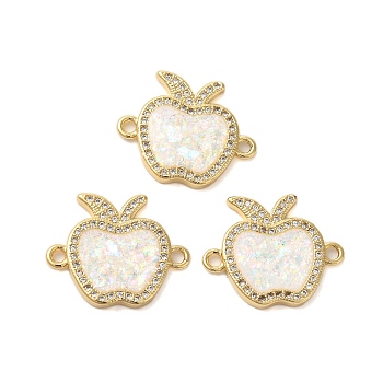 Rack Plating Brass Micro Pave Clear Cubic Zirconia Apple Links Connector Charms, with Synthetic Opal, Real 18K Gold Plated, Long-Lasting Plated, Lead Free & Cadmium Free, White, 18x22x3mm, Hole: 1.8mm