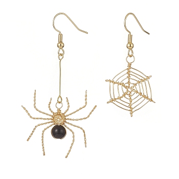 Natural Black Onyx Dangle Earrings, Brass Jewelry for Women, Spider & Spider Web, 43.5~62.5mm, Pin: 0.6mm