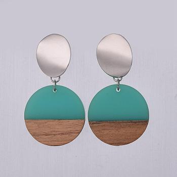 Resin & Wood Dangle Earrings, with Platinum Brass Stud Earrings Findings and 304 Stainless Steel Findings, Flat Round, Green, 56mm, Pendant: 28.5x3.5mm, Pin: 0.8mm