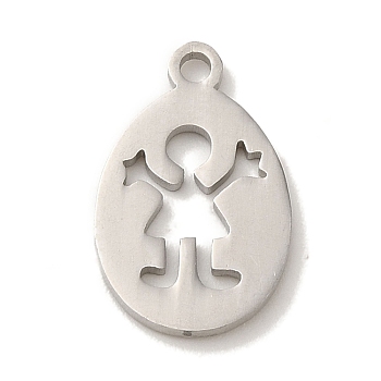 201 Stainless Steel Pendants, Laser Cut, Oval witb Human Charm, Stainless Steel Color, 16x10x1mm, Hole: 1.6mm