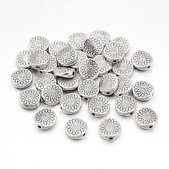 Tibetan Style Alloy Beads, Cadmium Free & Nickel Free & Lead Free, Flat Round with Flower, Antique Silver, 8.5x8.5x3.5mm, Hole: 1.5mm