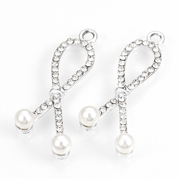 Alloy Rhinestone Pendants, with ABS Plastic Imitation Pearl Beads, Awareness Ribbon, Platinum, 39x16x6mm, Hole: 2mm