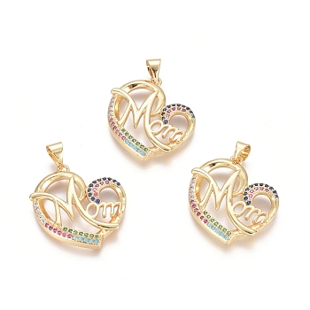 Brass Micro Pave Cubic Zirconia Pendants, Heart with Word MOM, For Mother's Day, Colorful, Golden, 23.5x22.5x3.5mm, Hole: 3.5x4.5mm