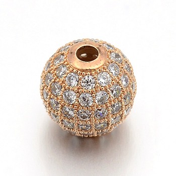 CZ Brass Micro Pave Cubic Zirconia Round Beads, Rose Gold, 1/4 inch(6mm), Hole: 1.5mm