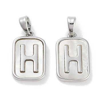 Brass Pave Natural Shell Rectangle Pendants, Letter H Charms, Platinum, 16x10.5x2mm, Hole: 4.5x2mm