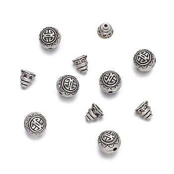 Tibetan Silver Guru Bead Sets, T-Drilled Beads, 3-Hole Round & Buddha Head Beads, Antique Silver, 10mm, Hole: 1.5mm, Calabash Bead: 7.5x7.5mm, Hole: 1.5mm, 10lots/set