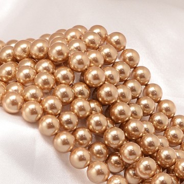 Round Shell Pearl Bead Strands, Dark Goldenrod, 8mm, Hole: 0.8~1mm, about 46pcs/strand, 15.74 inch(X-BSHE-L011-8mm-A010)