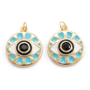 Real 18K Gold Plated Colorful Flat Round Brass+Cubic Zirconia+Enamel Pendants